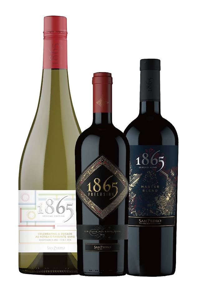 왼쪽부터 1865 비러브드 소비뇽 블랑(Beloved Sauvignon Blanc 2025),1865 프렐루전(prelusion 2019), 1865 마스터 블렌드(Master Blend 2017)