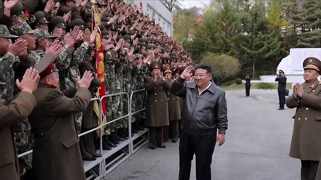 North Korean leader Kim Jong-un visits the 11th Corps of the Korean People's Army on Nov. 1, in this still photo aired by the state-run Korean Central Television the following day. (Yonhap)