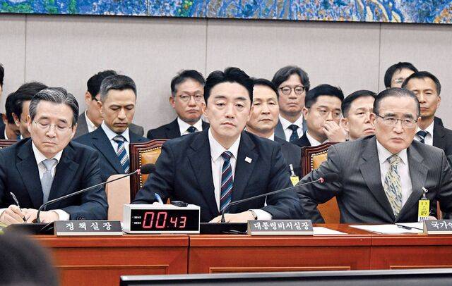 강훈식(가운데) 대통령 비서실장과 김용범(왼쪽) 정책실장, 위성락 국가안보실장이 6일 국회에서 열린 운영위원회 국정감사에 대통령실 기관증인으로 출석해 질의를 듣고 있다. 이병주 기자