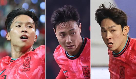 잉글랜드 무대에서 활약하는 축구 국가대표팀 영건들. 왼쪽 사진부터 스완지시티 엄지성, 버밍엄시티 백승호, 포츠머스 양민혁. [뉴스1·연합뉴스]