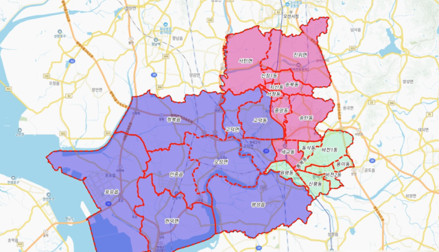 ▲경기 평택시 국회의원 지역구(갑을병) 위치도.ⓒ프레시안(김재구)