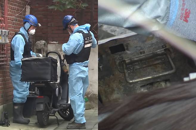 지난 5일 오전 서울 중랑구 면목동 다세대주택 화재 원인으로 지목된 전기 오토바이 배터리. SBS 보도화면 캡처