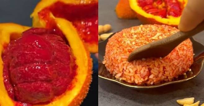 열대 과일 걱(왼쪽)과 걱의 즙을 적셔 지은 찹쌀밥. 유튜브