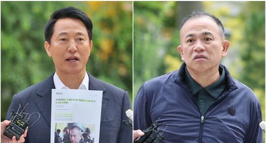 오세훈 서울시장(왼쪽)과 정치브로커 명태균 씨가 8일 '여론조사비 대납 의혹'을 수사하는 민중기 특별검사팀의 사무실이 마련된 서울 KT광화문빌딩 웨스트에 조사를 받기 위해 출석하고 있다. 연합뉴스