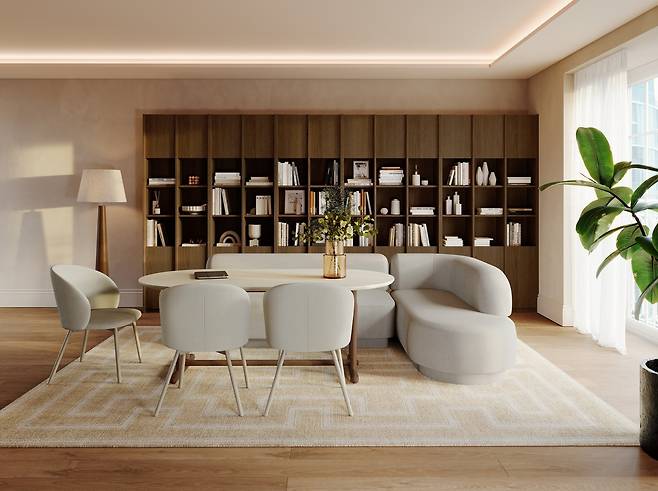 식탁은 밥상과 책상, 작업대, 휴식 공간을 동시에 품는 ‘허브’가 됐다. 업무나 취미 공간으로도 활용 가능한 까사미아의 ‘알로’. 까사미아 제공