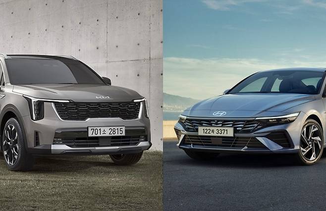 국산차 판매 1위인 쏘렌토(왼쪽)와 2위인 아반떼 [사진출처=기아, 현대차/편집=최기성 매경 디지털뉴스룸 기자]