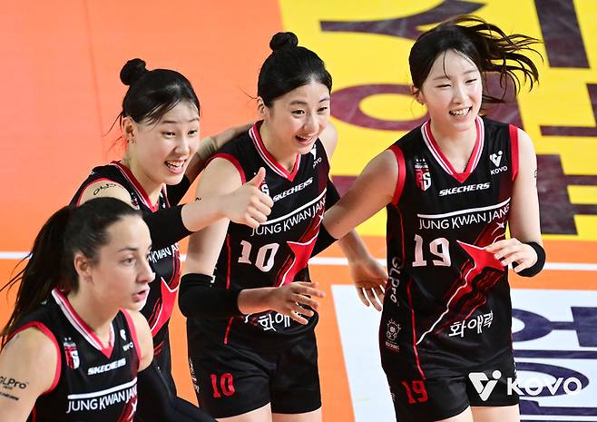 기뻐하는 정관장 선수들. 제공 | 한국배구연맹