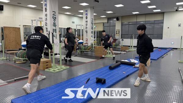고양시청 역도선수단이 본격적인 훈련에 앞서 스트레칭을 하고 있다./사진(고양)=강의택 기자