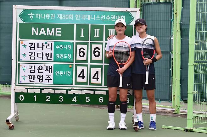 여자복식 챔피언에 오른 김나리(왼쪽)와 김다빈.