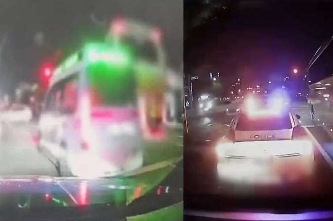 위급한 산모를 이송하던 구급차에 길을 터주지 않은 순찰차가 논란이 됐다. 지난달 30일 밤 9시쯤 부산 서구의 한 도로에서&nbsp;순찰차 앞을 지나는 사설 구급차(왼쪽)와 구급차 블랙박스에 찍힌 순찰차 모습. 연합뉴스