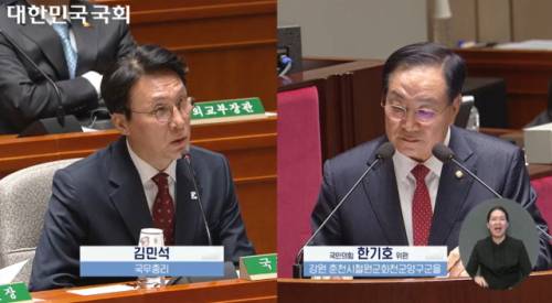 ◇국민의힘 한기호(춘천-철원-화천-양구을) 국회의원이 지난 7일 국회 예산결산특별위원회에서 김민석 국무총리에게 질의하고 있다.