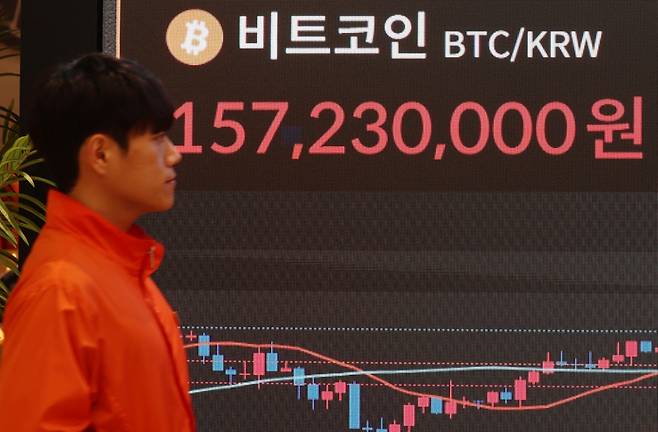 10일 오후 서울 서초구 빗썸 라운지 전광판에 비트코인 가격이 1억5천7백만원대를 나타내며 상승세를 보이고 있다. /사진=뉴스1