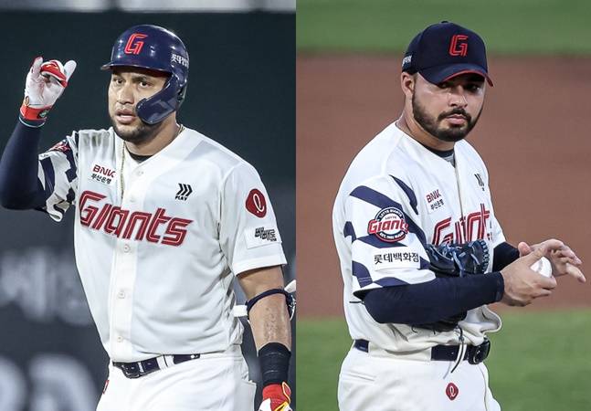 롯데 빅터 레이예스(왼쪽)와 알렉 감보아. /사진=롯데 자이언츠 제공