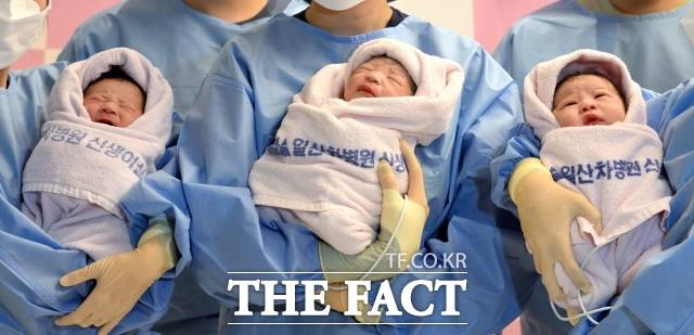 을사년 첫 출생아가 된 엄마 이승현 씨와 아빠 박준수 씨 의 아기 니케와 엄마 구라겸 씨와 아빠 이효영 씨의 꼬물이, 엄마 구슬기 씨와 아빠 강우석 씨의 아들 딩굴이(왼쪽부터)가 지난 1월 1일 새벽 경기 고양 일산차병원에서 탄생을 알리고 있다. /임영무 기자