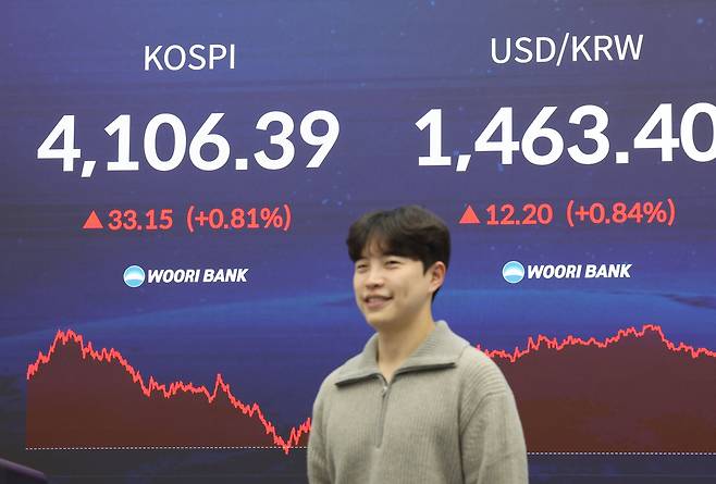 11일 서울 중구 우리은행 본점 딜링룸에서 한 딜러가 자리로 향하고 있다. /연합뉴스