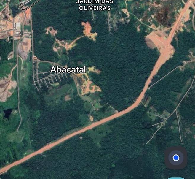 구글 지도를 통해 본 ‘아베니다 리베르다데’ 고속도로가 아마존 원시림을 관통하고 있다. 파란점은 원주민 공동체가 사는 마을. 구글 지도 갈무리