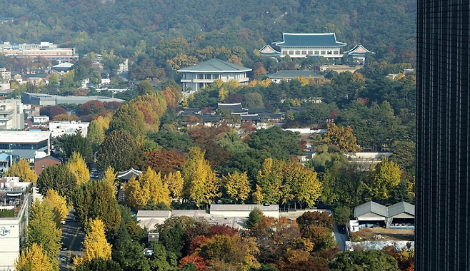 ▲ 7일 정부서울청사에서 바라본 종로구 경복궁과 청와대 주변이 가을 단풍으로 물들어 있다 [연합뉴스]&nbsp;