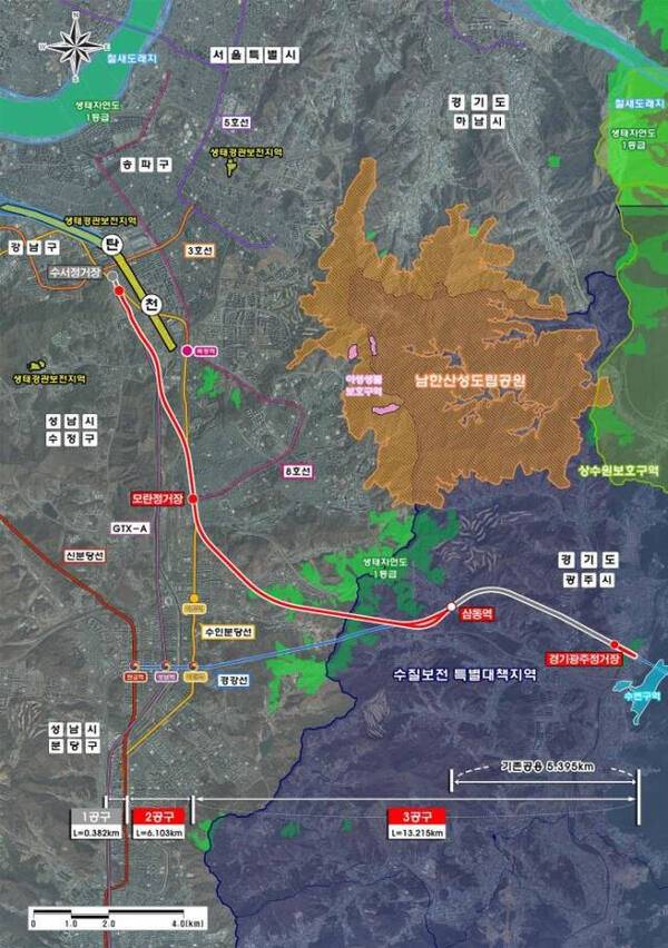 지난해 수서광주복선전철 환경영향평가 당시 나온 예상 노선도. 경기일보DB