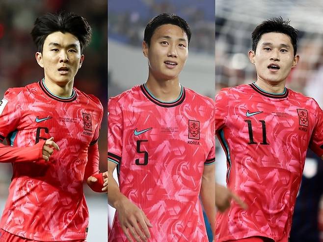 축구대표팀에 ‘부상주의보’가 내려졌다. 중앙 미드필더 콤비 황인범과 백승호, 윙포워드 이동경(왼쪽부터)이 부상으로 11월 A매치 2경기를 뛸 수 없게 됐다. 부상은 통제할 수 없는 영역인 만큼  플랜B 구축의 중요성이 높아졌다. 사진제공｜대한축구협회