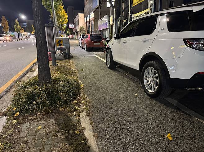 10일 대전 중구 인근에 조성된 자전거·보행자 겸용도로 위에 차량들이 줄지어 길을 가로막고 있다. 사진=권오선 기자