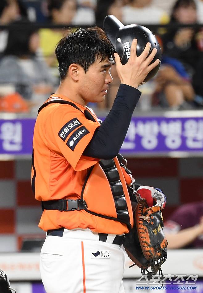 14일 대전 한화생명볼파크에서 열린 한화 이글스와 키움 히어로즈의 경기. 한화 포수 이재원이 숨을 고르고 있다. 대전=박재만 기자 pjm@sportschosun.com/2025.09.14/