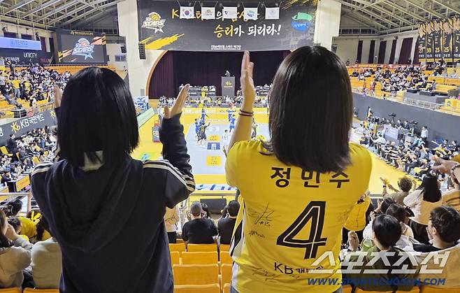 11일 의정부 경민대학교 체육관에서 열린 배구 V리그 남자부 KB손해보험과 한국전력의 경기. 한국전력 정민수가 친정팀 첫 방문 경기를 가졌다. 정민수 응원하는 KB손해보험 배구팬들. 의정부=송정헌 기자songs@sportschosun.com/2025.11.11/