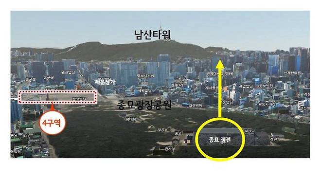 서울 종로구 종묘 쪽에서 남산 방향을 바라보는 조망도와 세운4구역 재개발 지역 위치를 나타낸 지도 ⓒ배현진 의원실