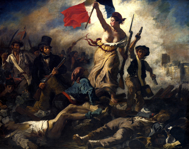 외젠 들라크루아, ‘민중을 이끄는 자유의 여신’ (La Liberte guidant le peuple). 1830년 . 캔버스에 유채. 세로 325 x 가로 260 cm. 루브르 박물관 소장