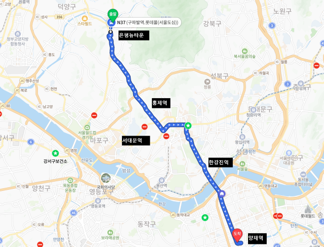 새롭게 운행을 시작할 ‘은평~양재’ 노선도. 사진제공=서울시