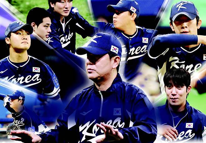 고척 스카이돔에서 훈련하는 야구대표팀. 류지현 감독(가운데 큰사진)부터 시계방향으로 이민석·정우주·문동주·곽빈·배찬승·오원석·원태인. 연합뉴스