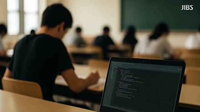 대학 강의실 시험장 분위기를 상징적으로 담은 편집 이미지.