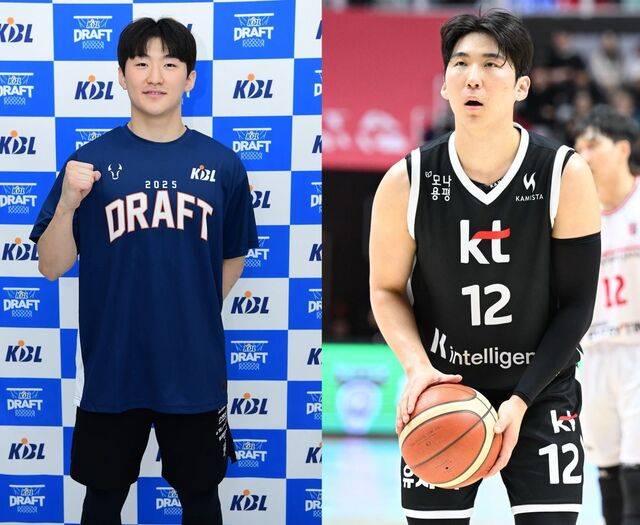 문유현(왼쪽)이 지난달 16일 서울 강남구 KBL 트레이닝센터에서 열린 신인드래프트 컴바인에서 기념촬영을 하고 있다. 오른쪽은 수원 KT에서 활약 중인 문유현의 형 문정현. KBL 제공