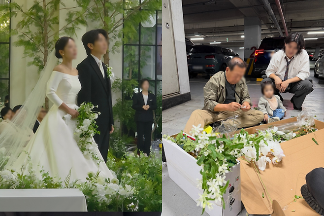 76세 아버지가 딸의 결혼식장 지하 주차장에서 직접 부케를 만드는 모습이 온라인에서 관심을 받고 있다. [스레드 choimintwo 캡처]