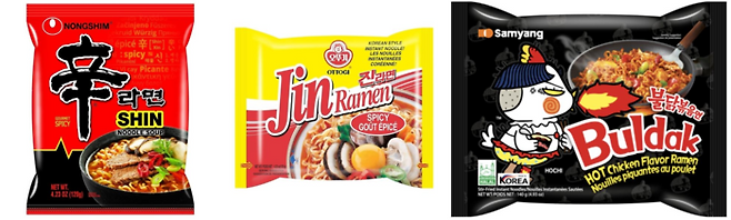 해외에서 판매 중인 농심 신라면,  오뚜기 진라면, 삼양식품 불닭볶음면. 각사 제공.