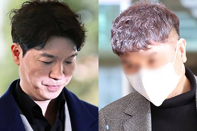 방송인 박수홍씨가 2023년 3월15일 서울서부지방법원에서 횡령 혐의로 구속기소된 친형의 속행공판에 증인으로 출석하며 입장을 발표하고 있다. 오른쪽은 박수홍 친형이 지난해 2월14일 서울서부지법에서 열린 1심 선고를 마친 뒤 나오는 모습. 연합뉴스