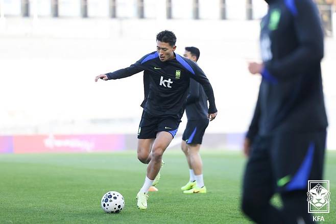 조규성이 지난 12일 천안의 대한민국 축구종합센터에서 축구대표팀 훈련을 소화하고 있다. 대한축구협회 제공