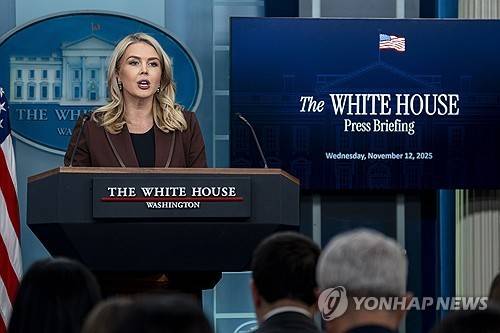 브리핑 하는 레빗 대변인  (UPI=연합뉴스) 캐롤라인 레빗 백악관 대변인이 12일(현지시간) 백악관에서 브리핑을 하고 있다. 2025.11.12