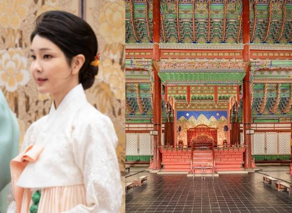 김건희 여사가 어좌에 앉은 사실이 국회 문화체육관광위원회 국정감사에서 공개됐다. (오른쪽) 경복궁 근정전 어좌 [사진=대통령실, 국가유산청]