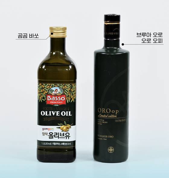 왼쪽은 소비자들이 흔히 구매하는 1L에 1만원대 제품, 오른쪽은 750ml에 17만원대 제품. 둘의 품질은 얼마나 큰 차이가 날까. 그래픽 박지은