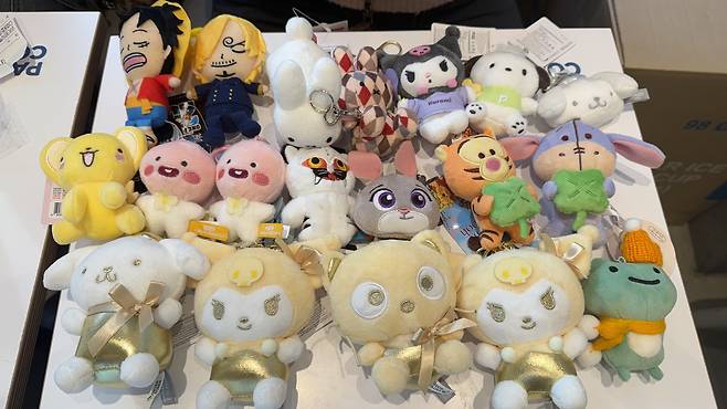 Some of the keyring plushies Kim won from claw machines in Hongdae, western Seoul, on Nov. 9. [WOO JI-WON]