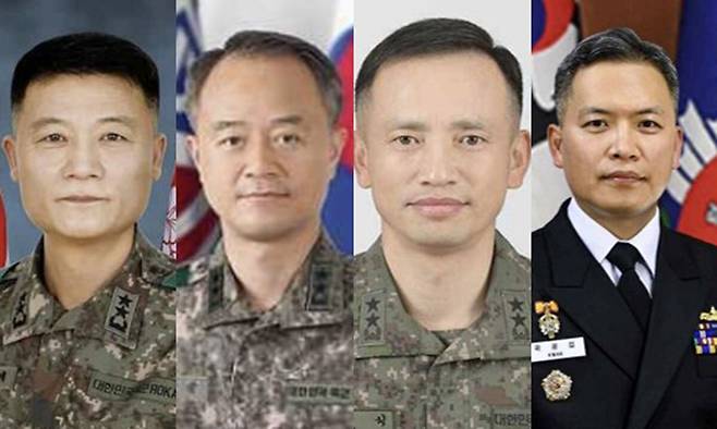 국방부가 13일 중장 진급 및 보직 인사를 발표했다. 사진은 이번 인사 때 새로 보직된 진급자들. 왼쪽부터 박성제 특수전사령관, 어창준 수도방위사령관, 최장식 육군참모차장, 곽광섭 해군참모차장. 국방부 제공