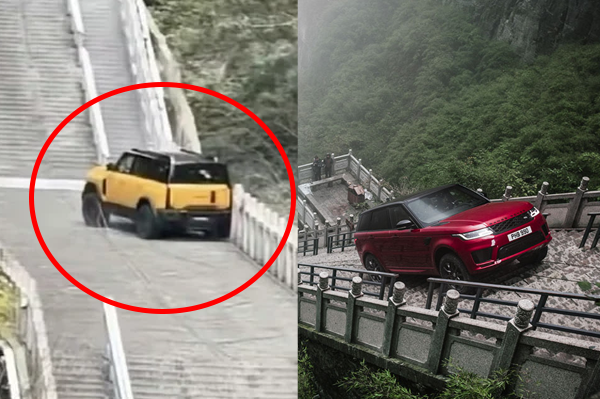 체리자동차(좌)와 랜드로버(우)의 자동차가 하늘계단을 오르는 모습. SNS 캡처, 랜드로버