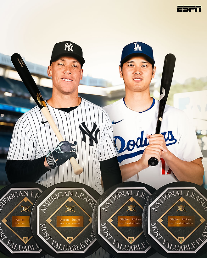 2025 NL MVP 오타니와 AL MVP 저지.  ESPN SNS