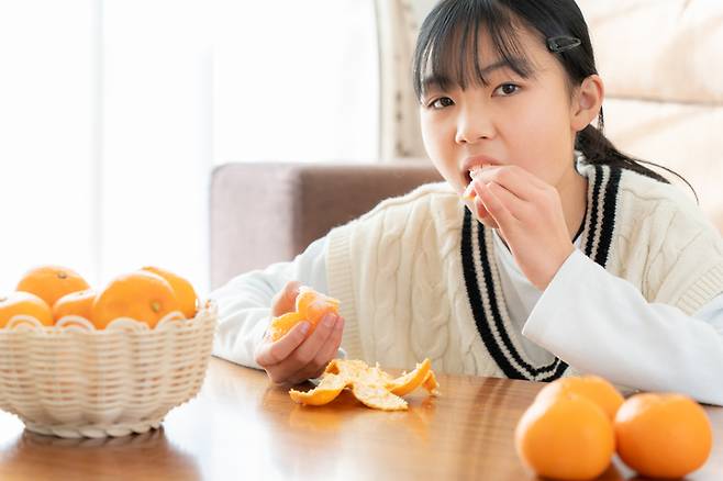 오렌지 껍질을 벗겨 먹고 있다. 겨울철에는 비타민C를 잘 챙겨 먹어야 한다. 비타민C는 감기 예방과 면역력 강화, 피부 건강 유지, 상처 회복 촉진에 도움이 된다.  귤도 하루에 2~3개만 먹으면 성인의 비타민C 하루 권장 섭취량을 충족할 수 있다. 사진=게티이미지뱅크
