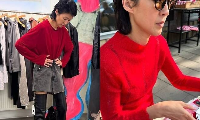 지난 6월 대선 전날 홍진경이 인스타그램에 올렸던 빨간색 니트를 입은 사진. 사진=홍진경 SNS