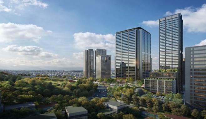 이오타 프로젝트를 통해 총 3개 동이 조성될 예정이다. 프로젝트의 일환인 개방형 녹지부터 남산으로의 도심 녹지축이 이어질 전망이다. 사진은 이오타 프로젝트 투시도. /사진 제공=이지스자산운용