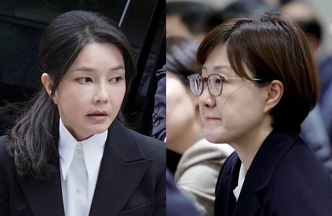 윤석열 전 대통령 부인 김건희 여사가 8월6일 특별검사팀 사무실에 자본시장법 위반 등 혐의 피의자 신분으로 출석하고 있다(왼쪽 사진). 김현지 제1부속실장이 10월21일 용산 대통령실에서 열린 국무회의에 참석해 있다. ⓒ사진공동취재단