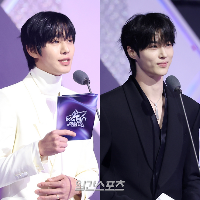 ‘2025 코리아 그랜드 뮤직어워즈 with iM뱅크’ 시상자로 나선 배우 안효섭(왼쪽), 변우석.사진=영종도(인천)=KGMA특별취재단