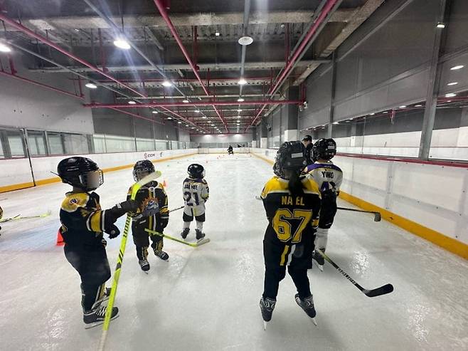 서울 강남구 역삼동에 위치한 아이스링크장 '아이스웍스'에서 아이들을 대상으로 한 아이스하키 수업이 열리고 있다./사진=이혜인 기자