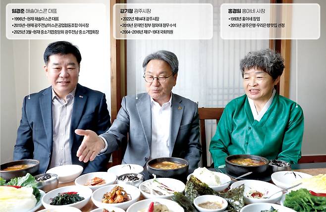 임경준 광주전남 중소기업회장(왼쪽부터)과 강기정 광주시장, 홍경임 홍아네 사장이 광주 치평동에 있는 한정식집 홍아네에서 지역 상권에 관해 얘기하고 있다. /광주=이솔 기자